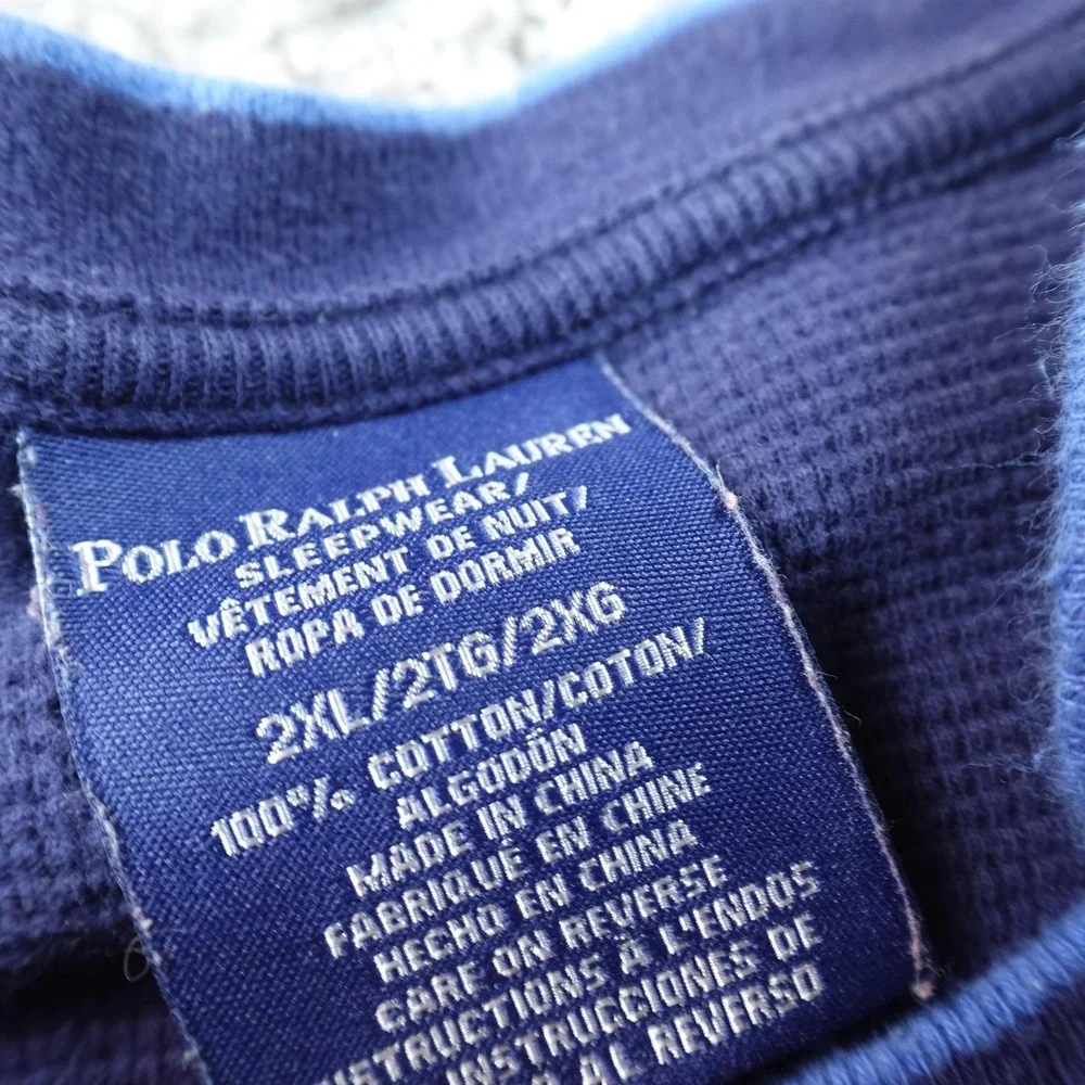 Polo Ralph Lauren Shirt Mens 2XL Blue Waffle Knit Thermal Sleepwear Long Sleeve